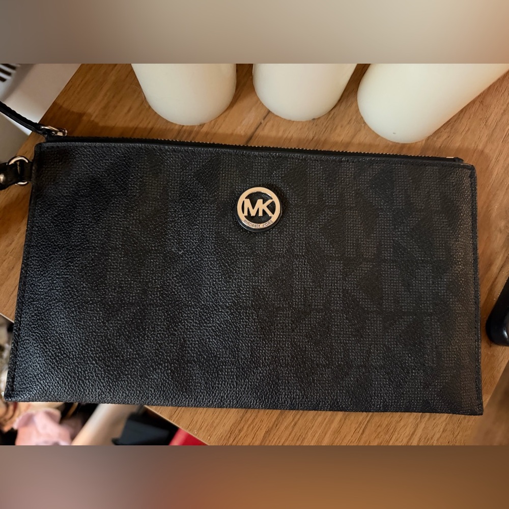 Michael Kors Black Monogram Zip Pouch with Gold MK Emblem
